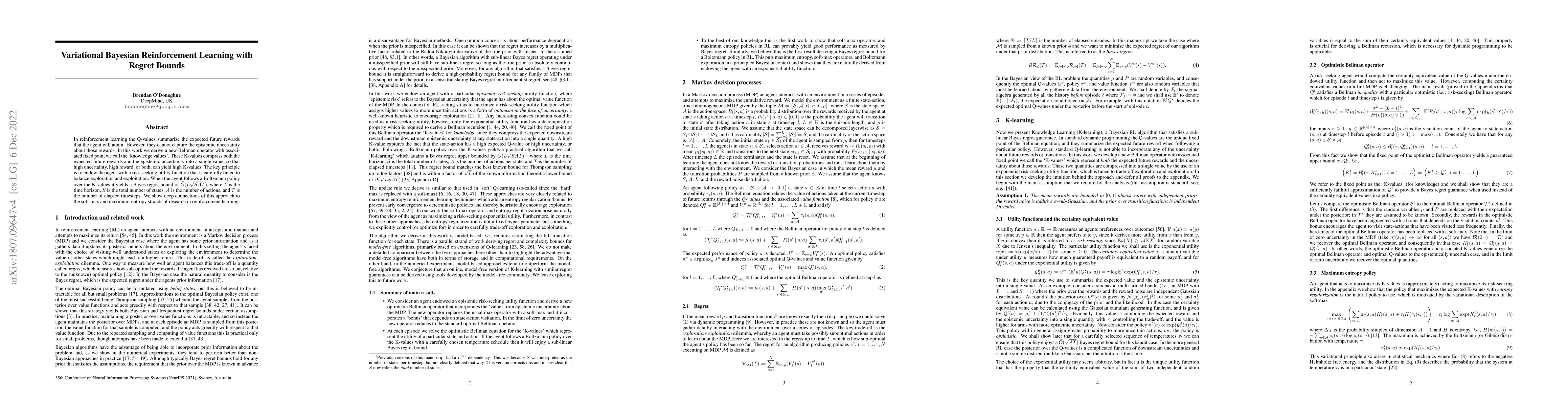 Thumbnail for Variational Bayesian Reinforcement Learning with Regret Bounds