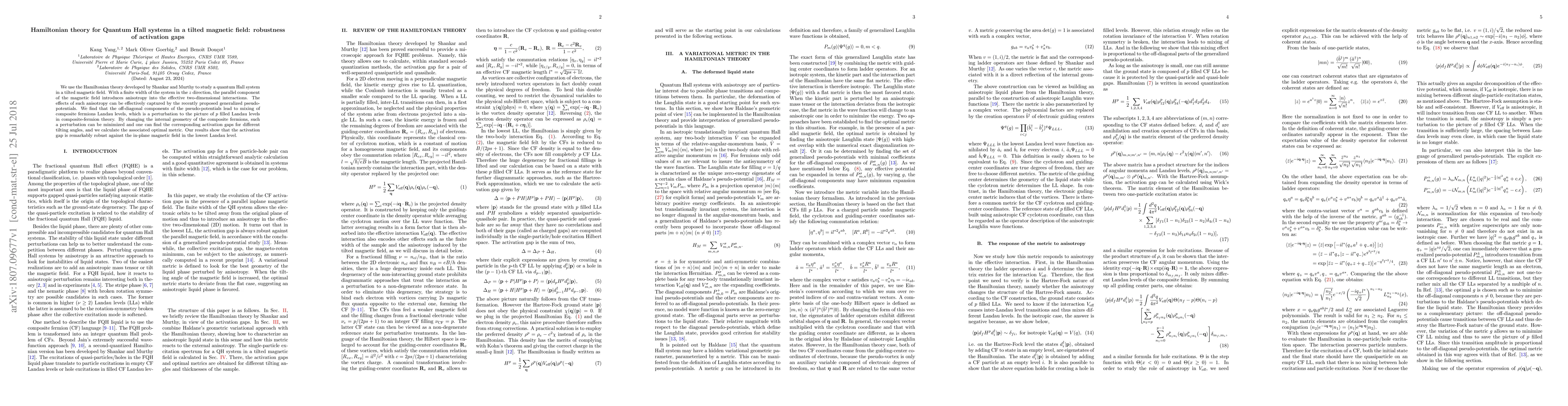 Thumbnail for Hamiltonian theory for Quantum Hall systems in a tilted magnetic field:
  robustness of activation gaps