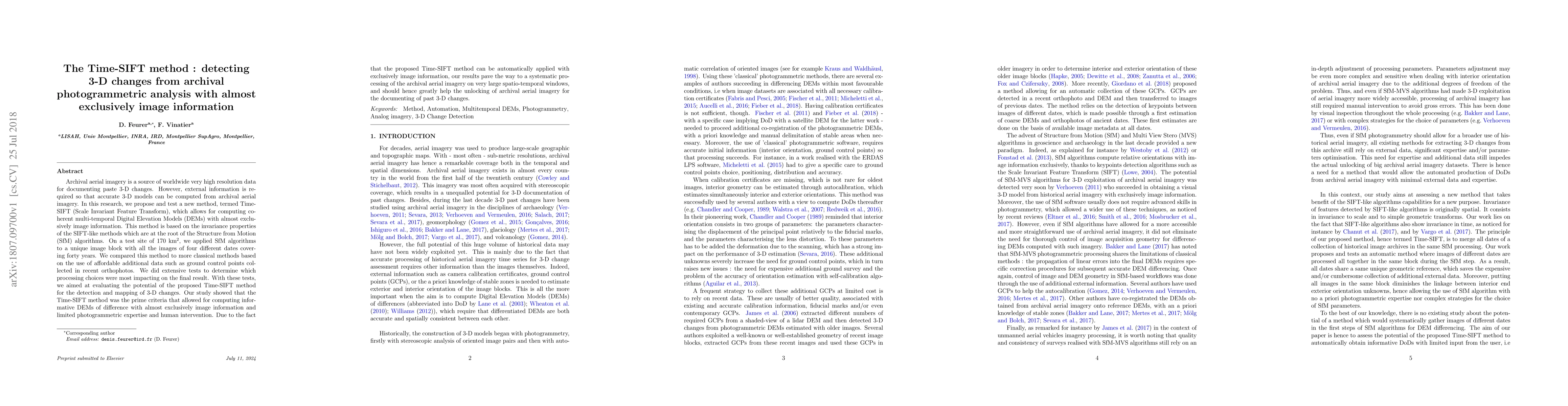 Thumbnail for The Time-SIFT method : detecting 3-D changes from archival
  photogrammetric analysis with almost exclusively image information