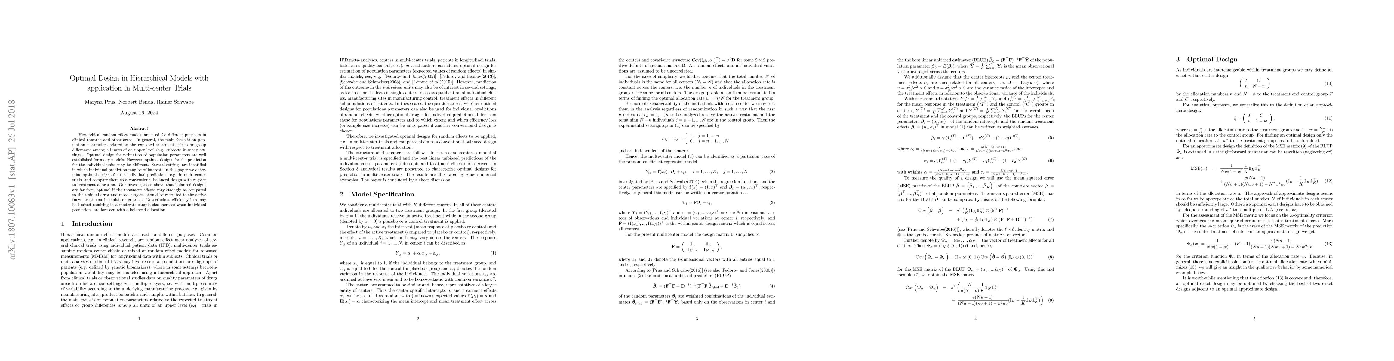 Thumbnail for Optimal Design in Hierarchical Models with application in Multi-center
  Trials