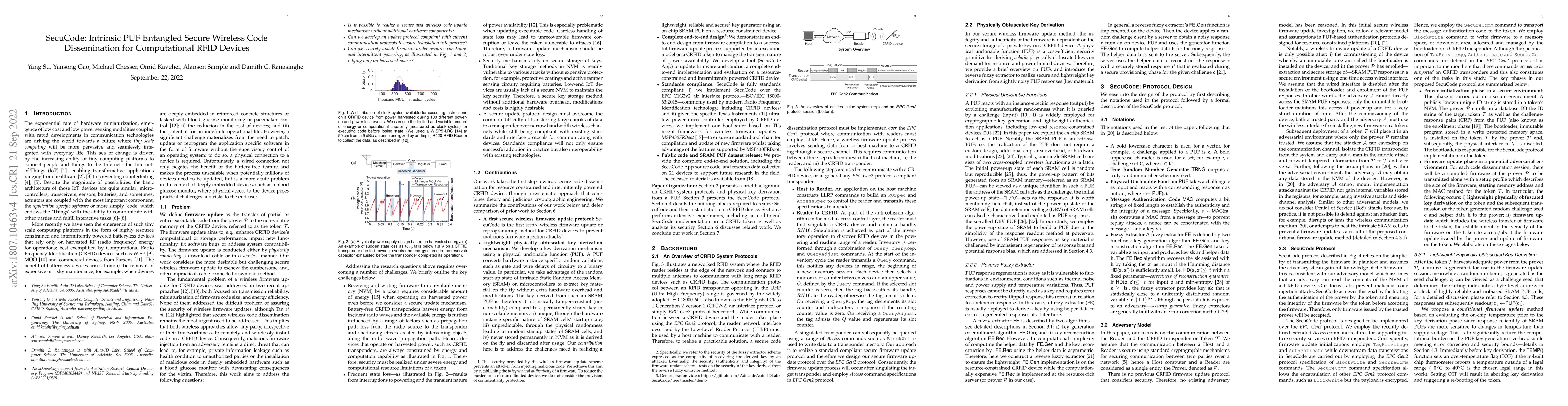 Thumbnail for SecuCode: Intrinsic PUF Entangled Secure Wireless Code Dissemination for
  Computational RFID Devices
