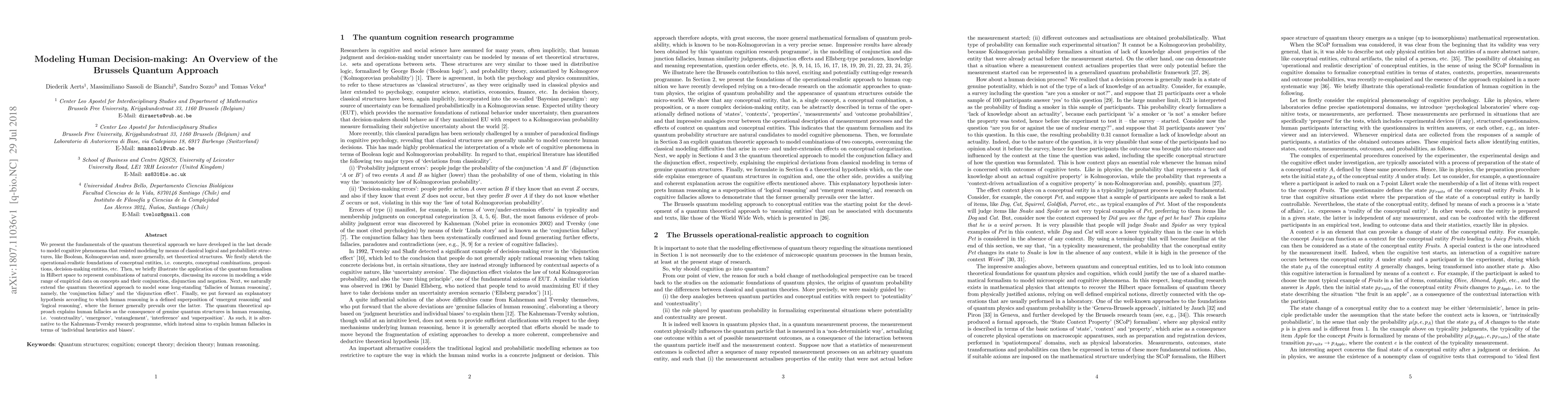 Thumbnail for Modeling Human Decision-making: An Overview of the Brussels Quantum
  Approach