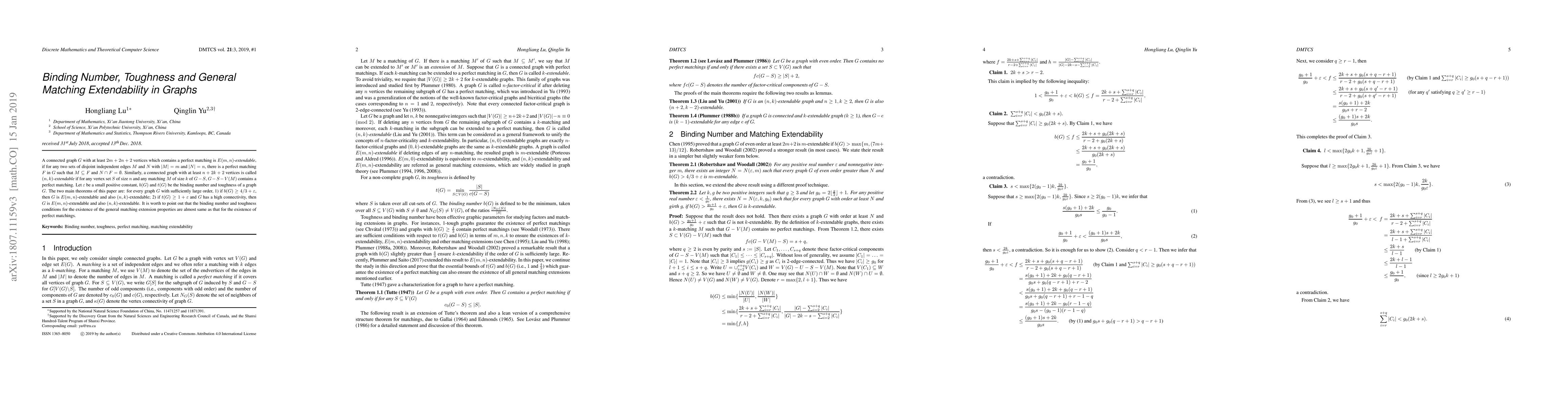 Thumbnail for Binding Number, Toughness and General Matching Extendability in Graphs