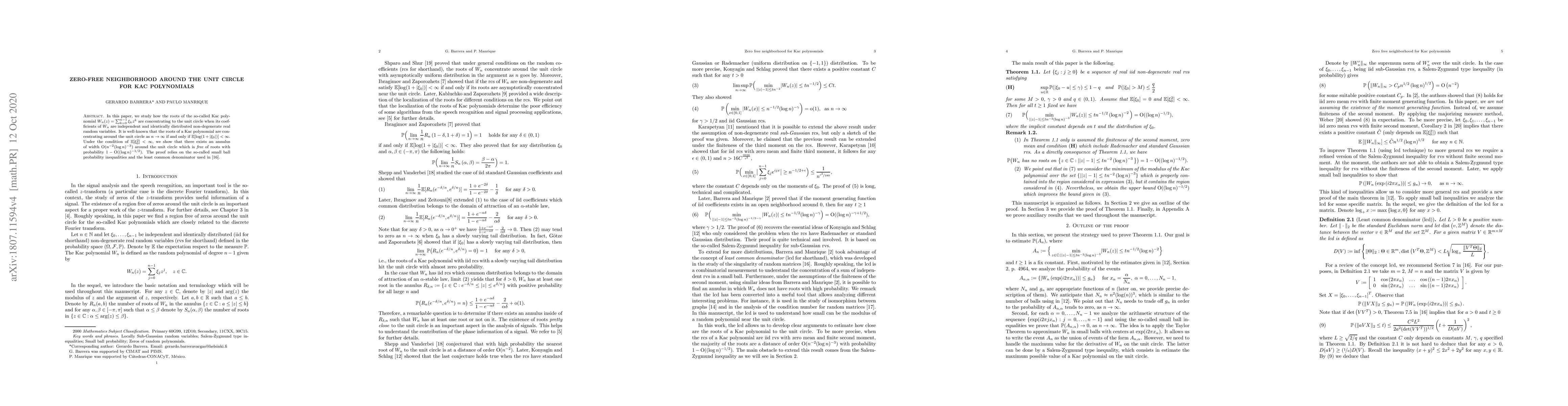 Thumbnail for Zero-free neighborhood around the unit circle for Kac polynomials