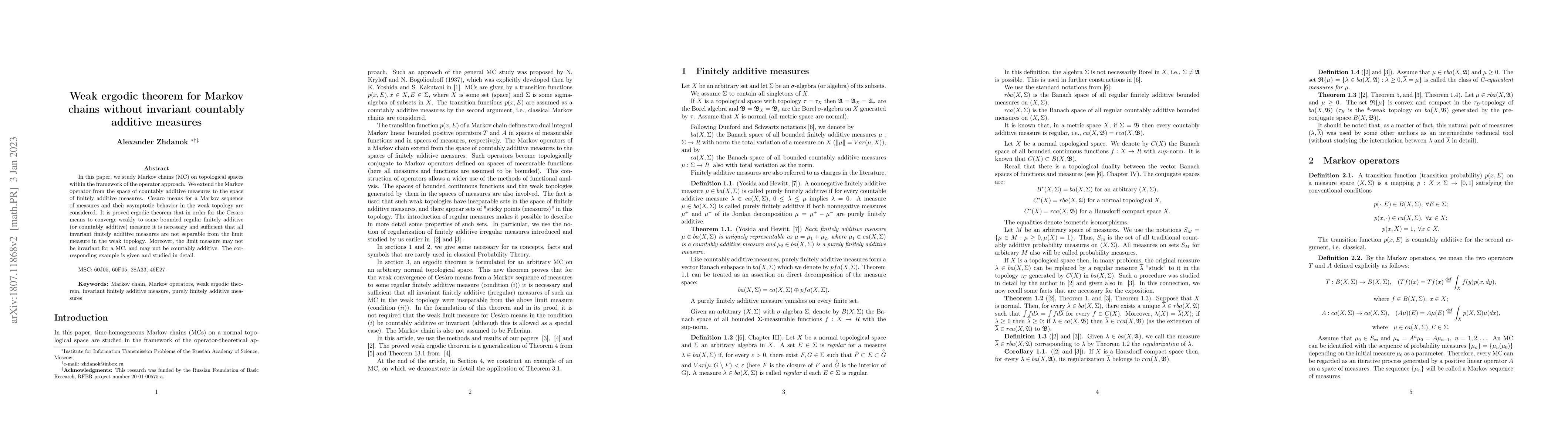 Thumbnail for Weak ergodic theorem for Markov chains without invariant countably
  additive measures