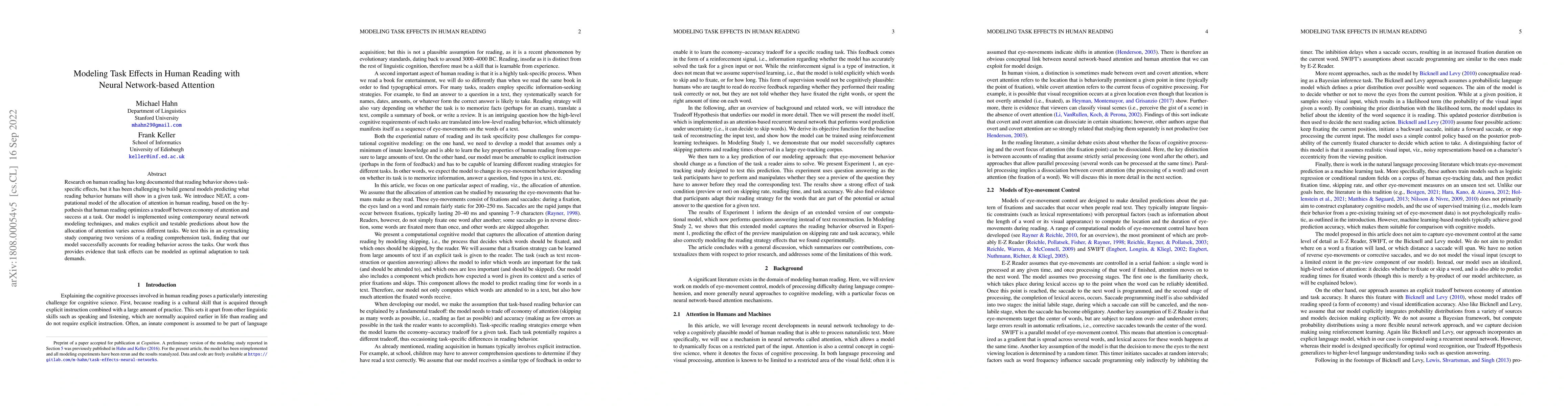 Thumbnail for Modeling Task Effects in Human Reading with Neural Network-based
  Attention