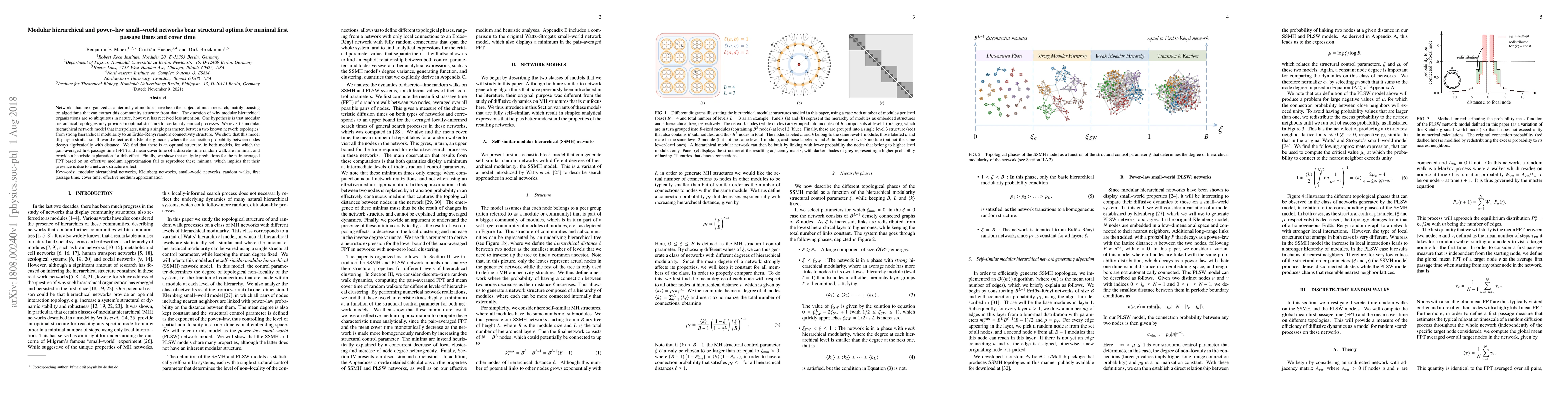 Thumbnail for Modular hierarchical and power-law small-world networks bear structural
  optima for minimal first passage times and cover time