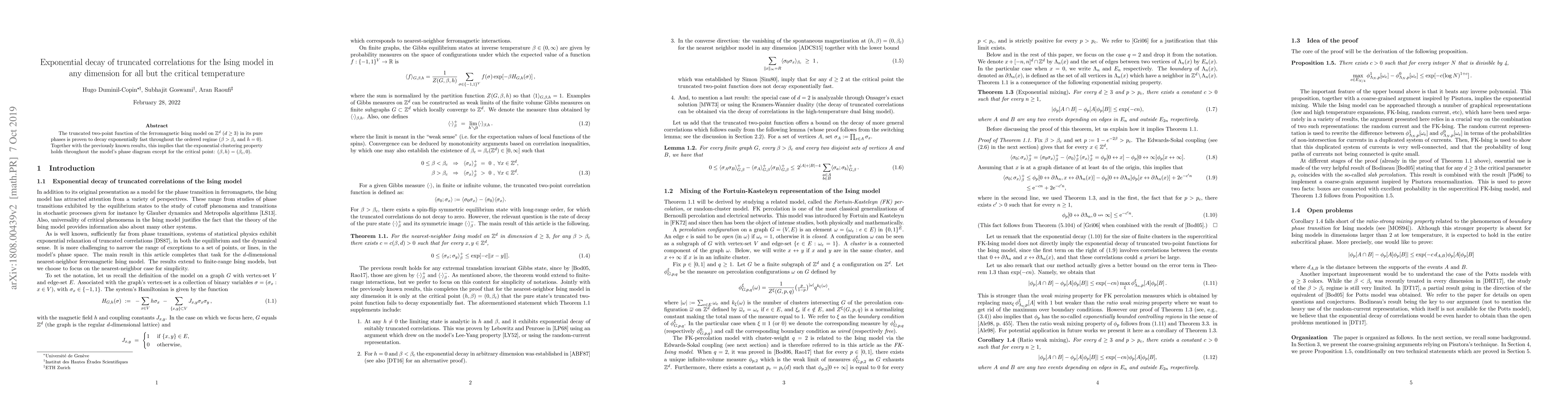 Thumbnail for Exponential decay of truncated correlations for the Ising model in any
  dimension for all but the critical temperature