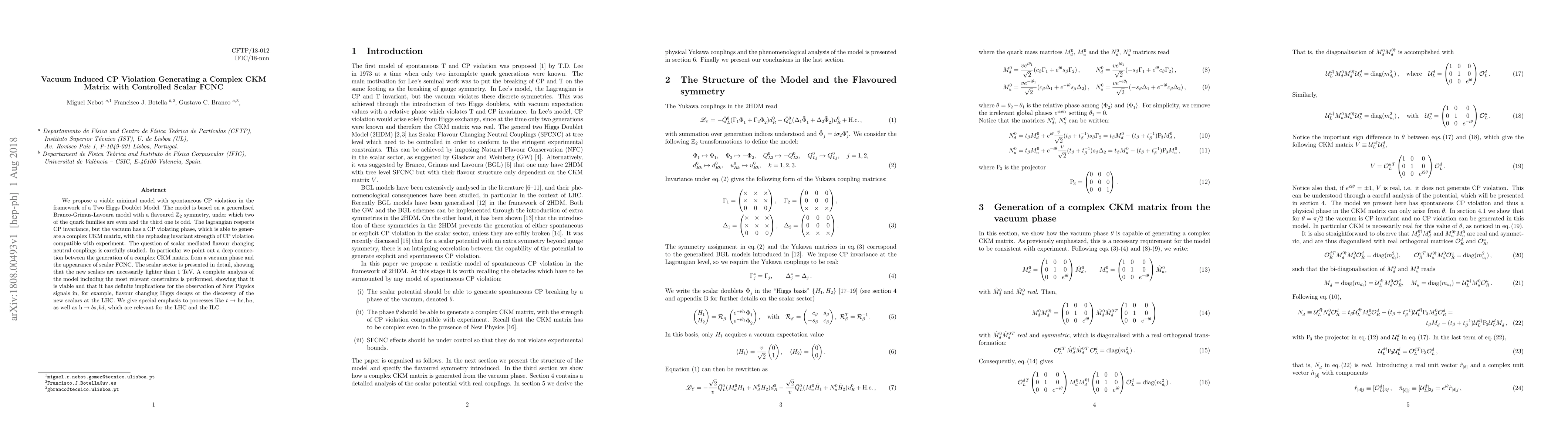 Thumbnail for Vacuum Induced CP Violation Generating a Complex CKM Matrix with
  Controlled Scalar FCNC