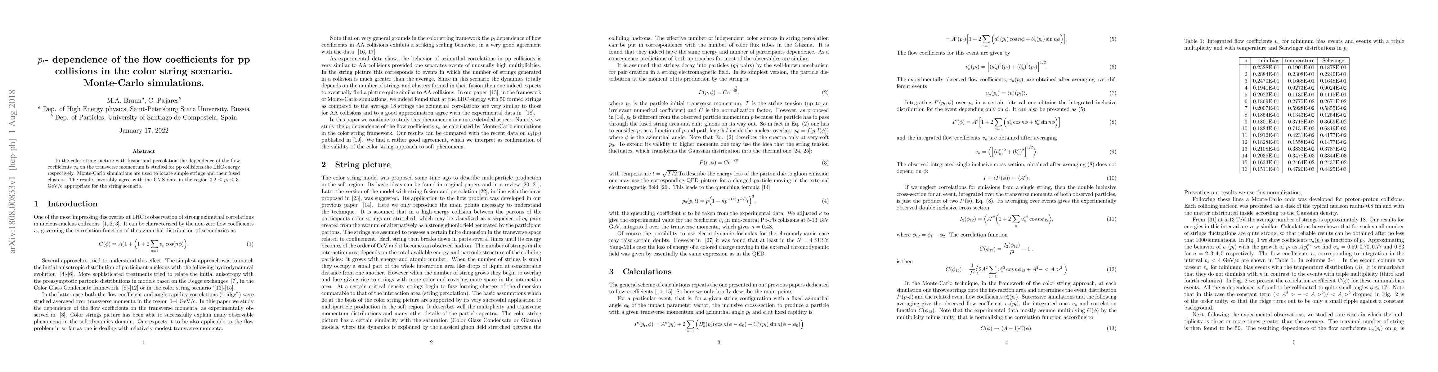 Thumbnail for $p_t$- dependence of the flow coefficients for pp collisions in the
  color string scenario. Monte-Carlo simulations