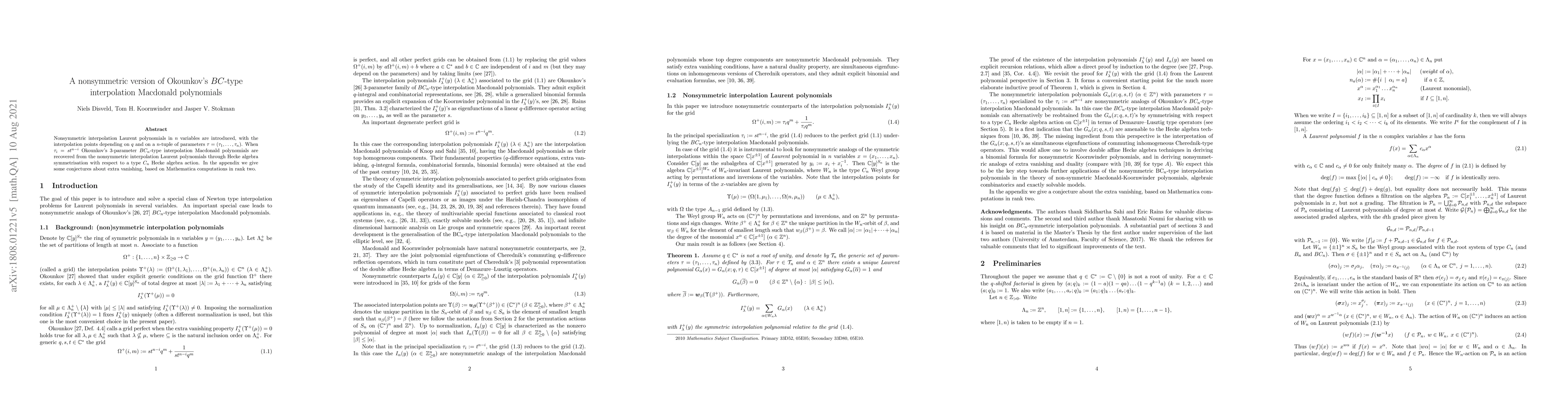 Thumbnail for A nonsymmetric version of Okounkov's BC-type interpolation Macdonald
  polynomials