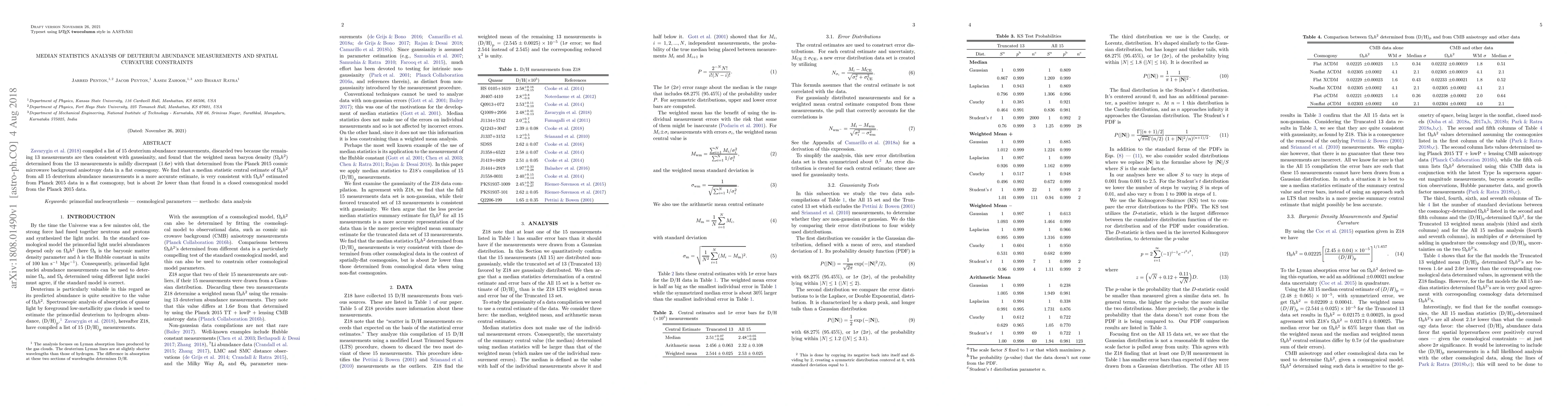 Thumbnail for Median Statistics Analysis of Deuterium Abundance Measurements and
  Spatial Curvature Constraints