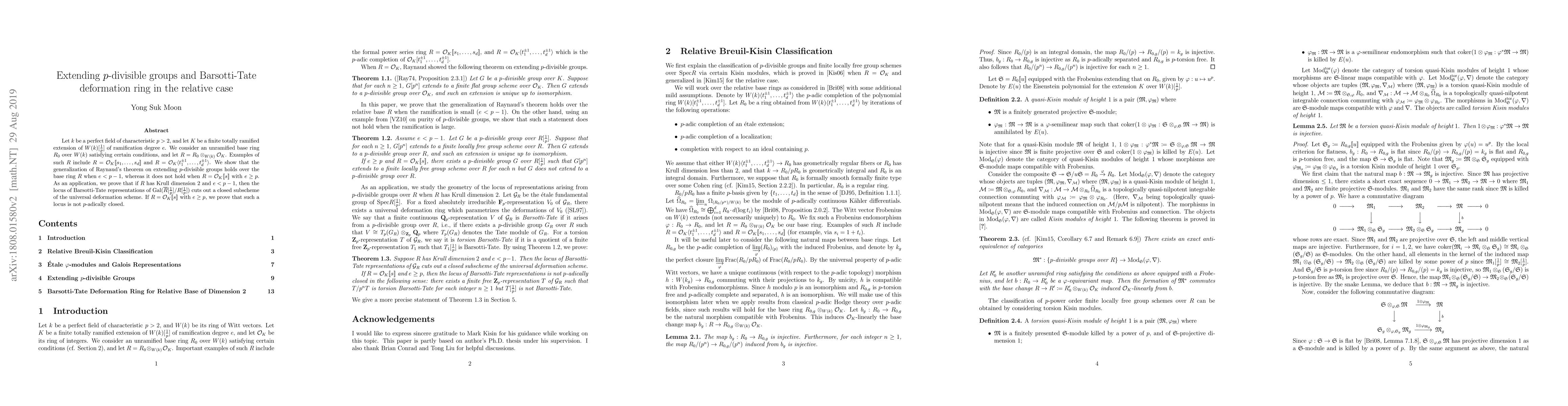 Thumbnail for Extending $p$-divisible groups and Barsotti-Tate deformation ring in the
  relative case