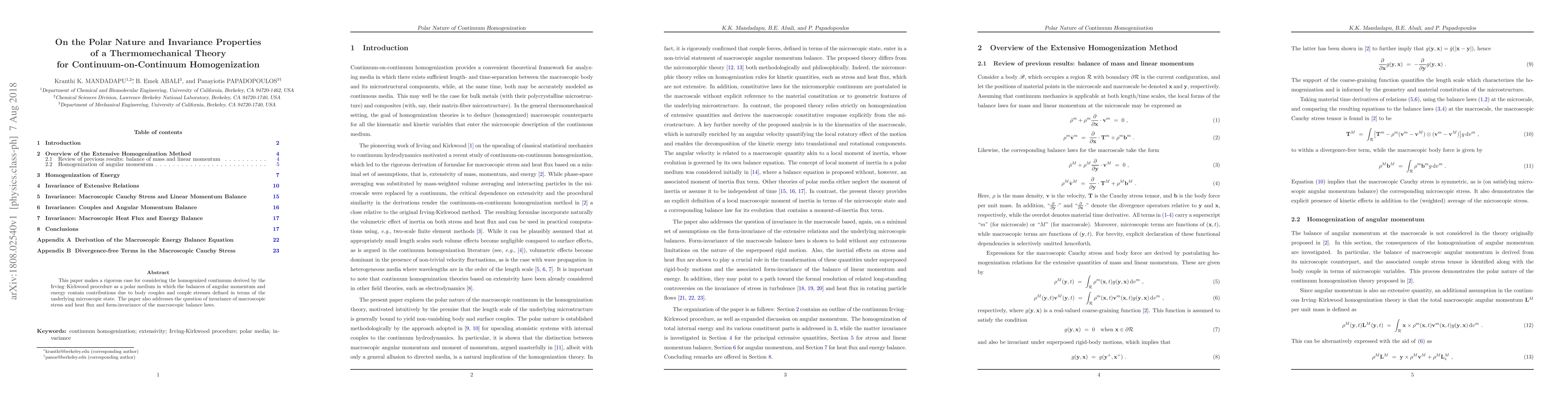 Thumbnail for On the Polar Nature and Invariance Properties of a Thermomechanical
  Theory for Continuum-on-Continuum Homogenization
