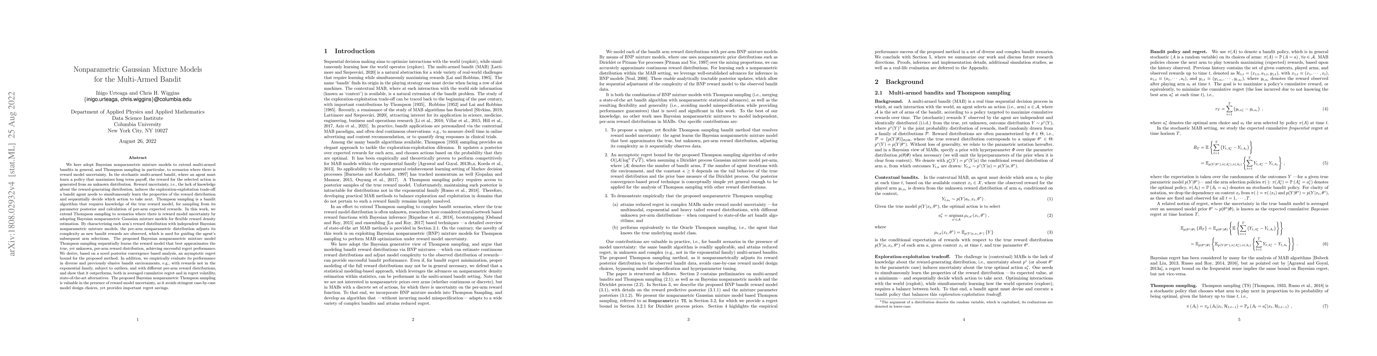 Thumbnail for Nonparametric Gaussian Mixture Models for the Multi-Armed Bandit