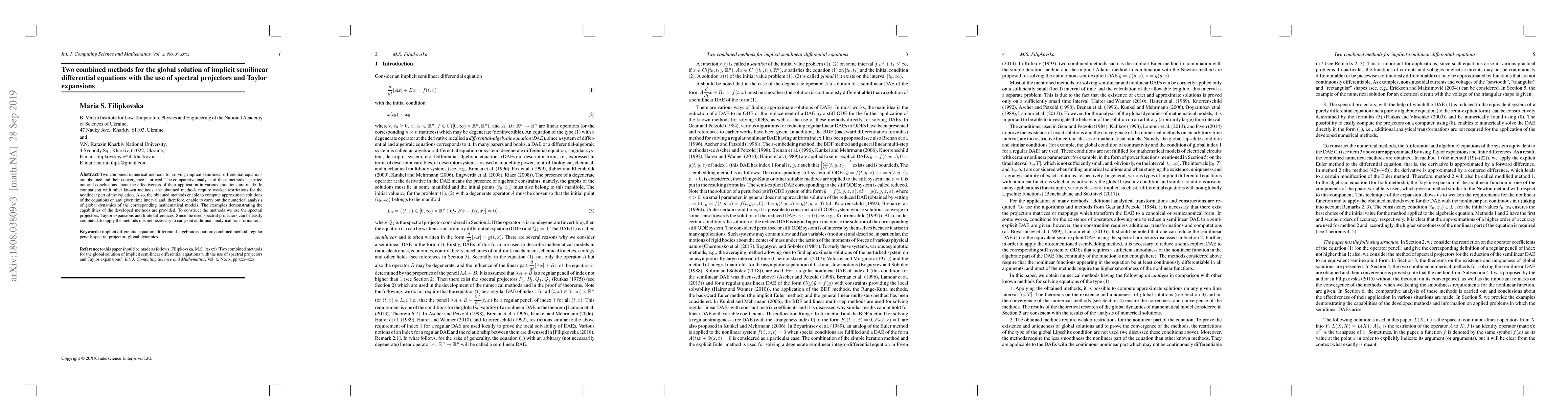 Thumbnail for Two combined methods for the global solution of implicit semilinear
  differential equations with the use of spectral projectors and Taylor
  expansions