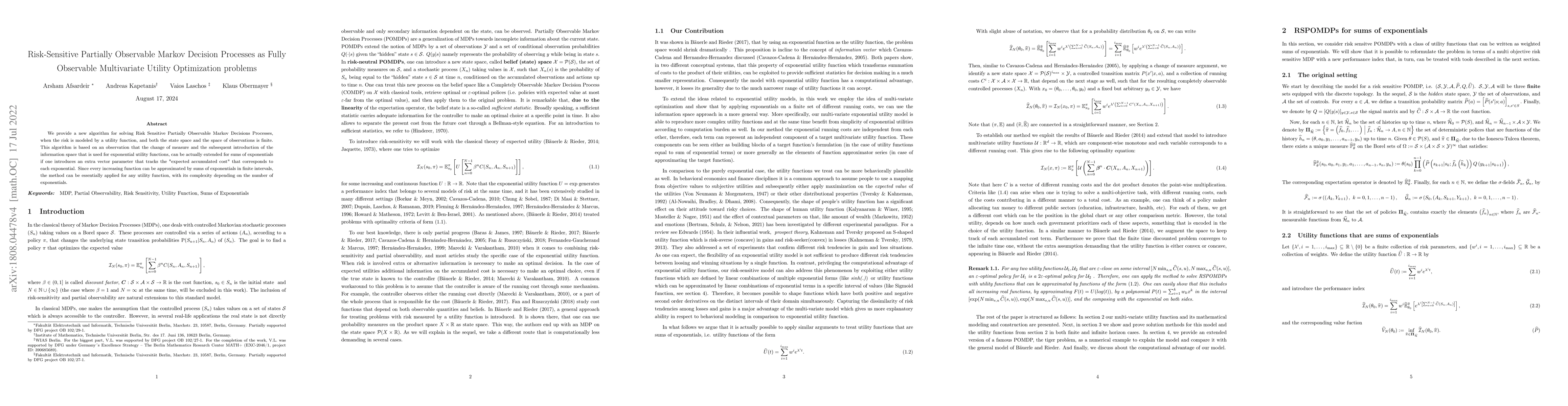 Thumbnail for Risk-Sensitive Partially Observable Markov Decision Processes as Fully
  Observable Multivariate Utility Optimization problems