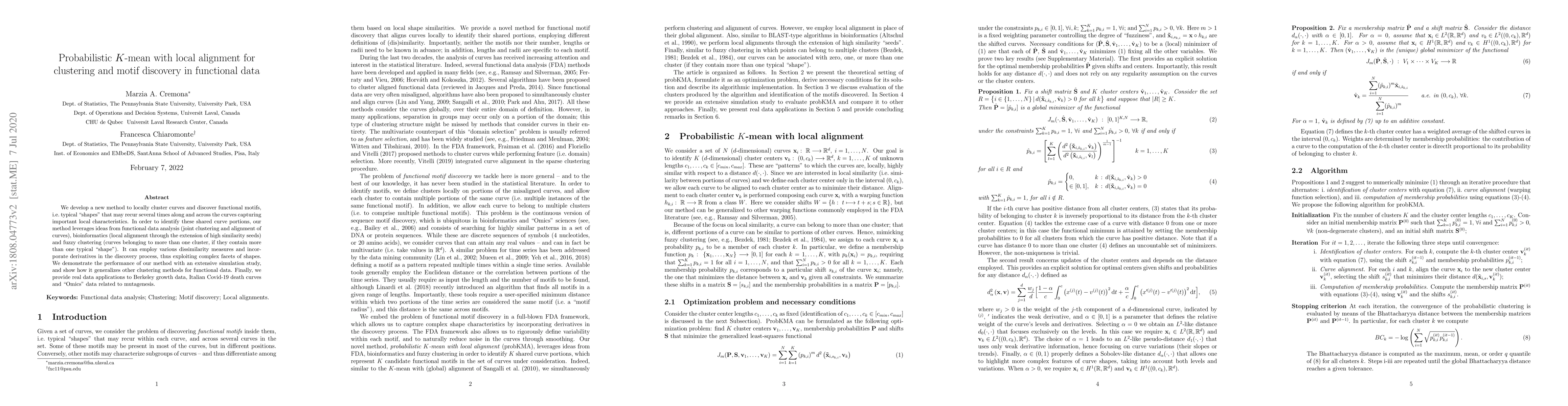 Thumbnail for Probabilistic $K$-mean with local alignment for clustering and motif
  discovery in functional data
