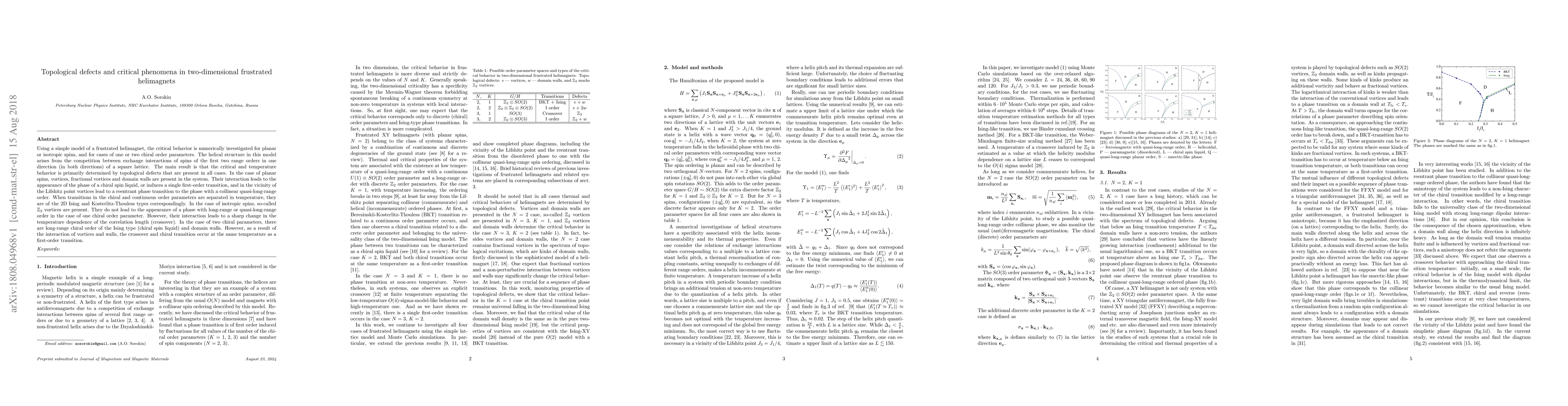 Thumbnail for Topological defects and critical phenomena in two-dimensional frustrated
  helimagnets