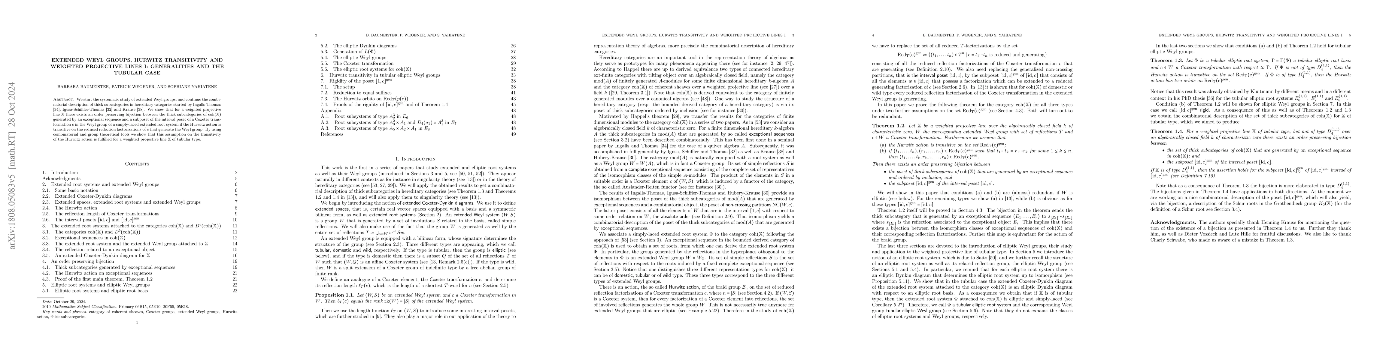 Thumbnail for Extended Weyl groups, Hurwitz transitivity and weighted projective lines
  I: Generalities and the tubular case