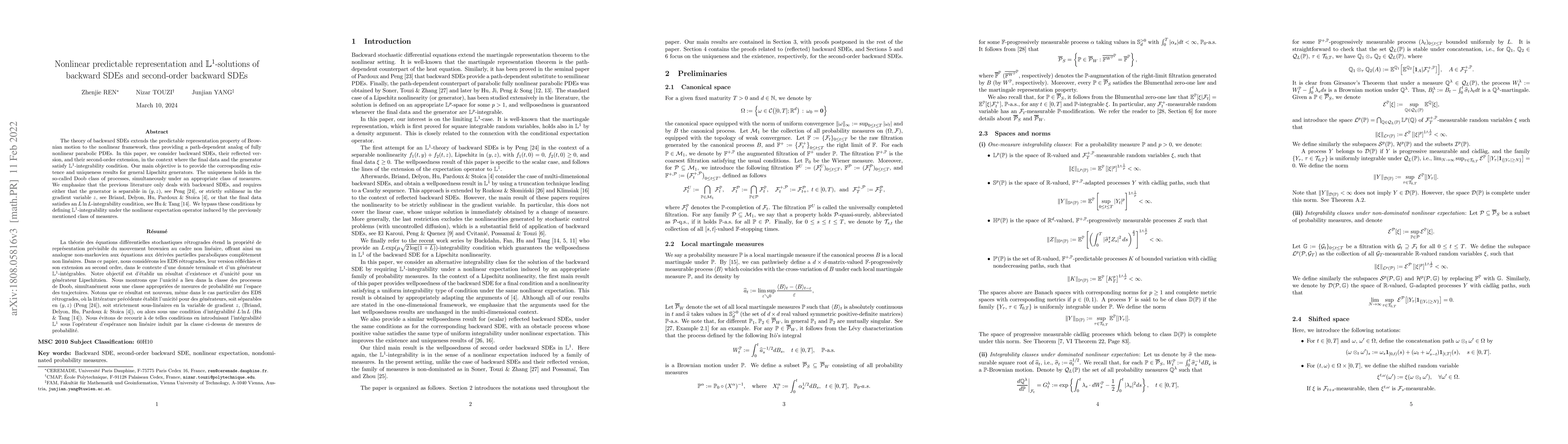 Thumbnail for Nonlinear predictable representation and $L^1$-solutions of backward
  SDEs and second-order backward SDEs
