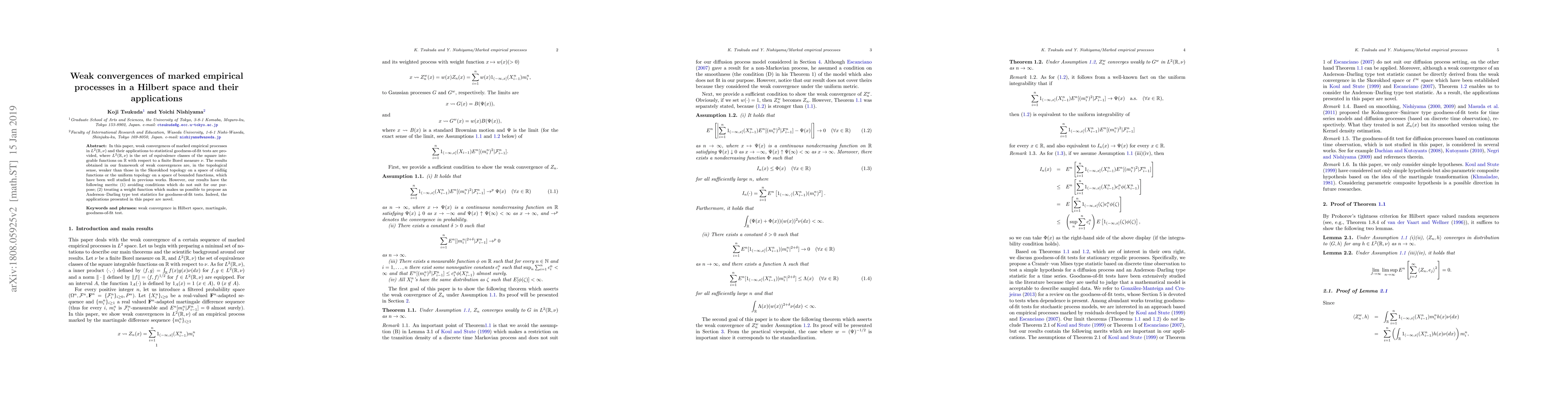 Thumbnail for Weak convergences of marked empirical processes in a Hilbert space and
  their applications