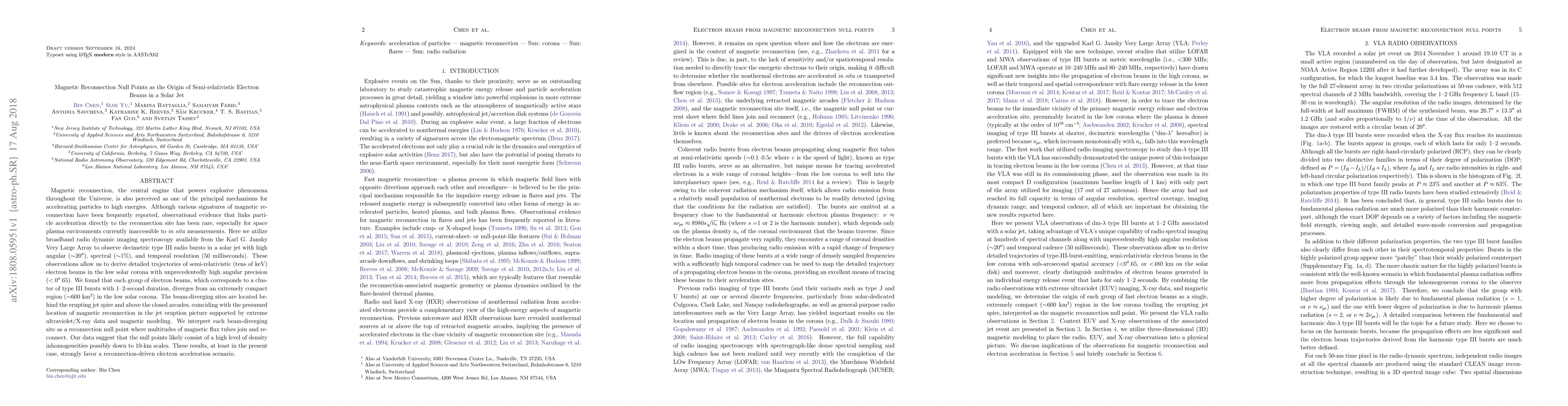 Thumbnail for Magnetic Reconnection Null Points as the Origin of Semi-relativistic
  Electron Beams in a Solar Jet