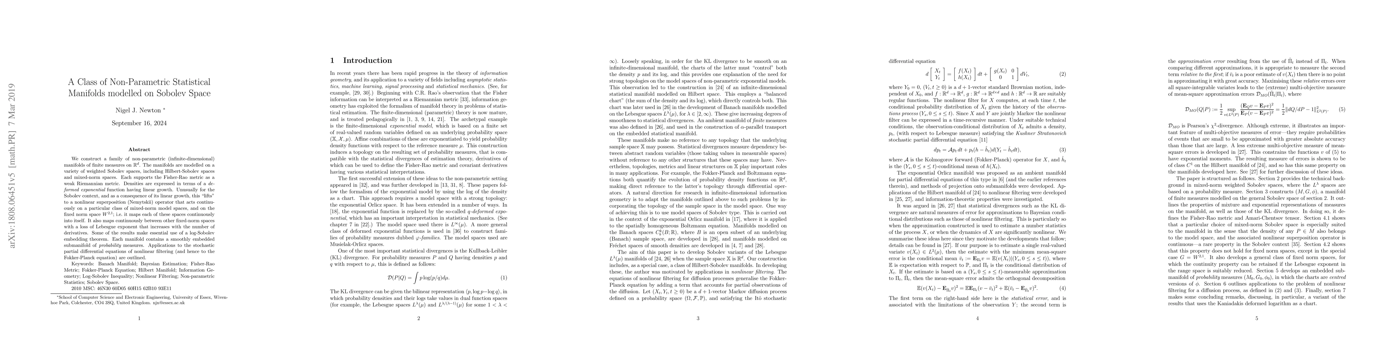 Thumbnail for A Class of Non-Parametric Statistical Manifolds modelled on Sobolev
  Space