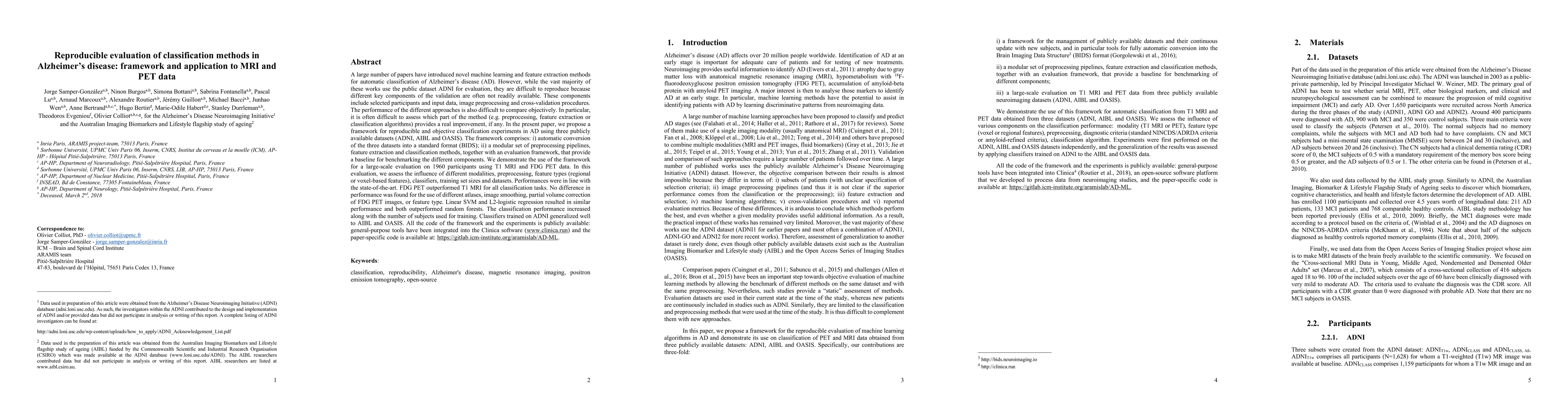 Thumbnail for Reproducible evaluation of classification methods in Alzheimer's
  disease: framework and application to MRI and PET data