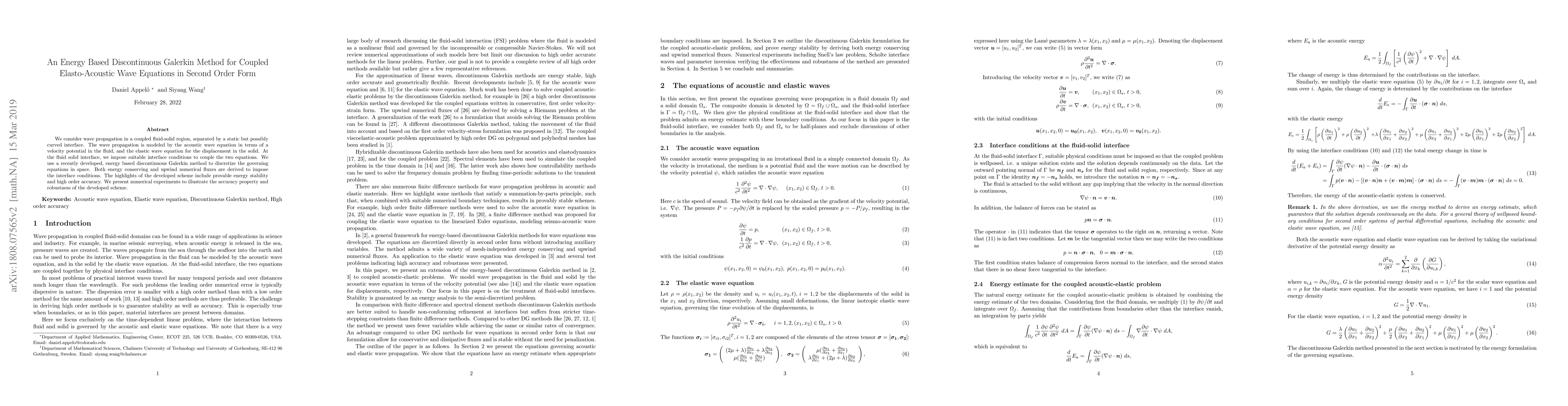 Thumbnail for An Energy Based Discontinuous Galerkin Method for Coupled
  Elasto-Acoustic Wave Equations in Second Order Form