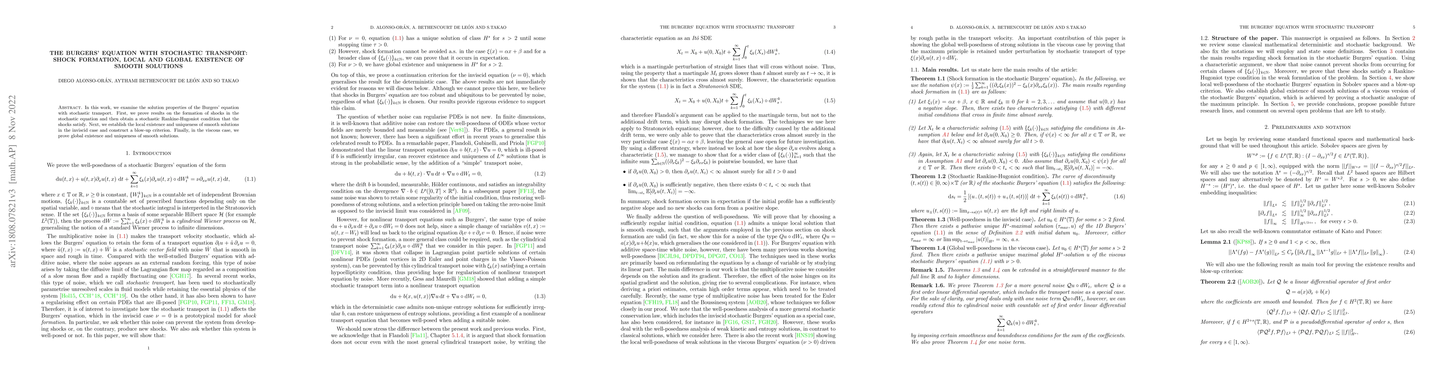 Thumbnail for The Burgers' equation with stochastic transport: shock formation, local
  and global existence of smooth solutions