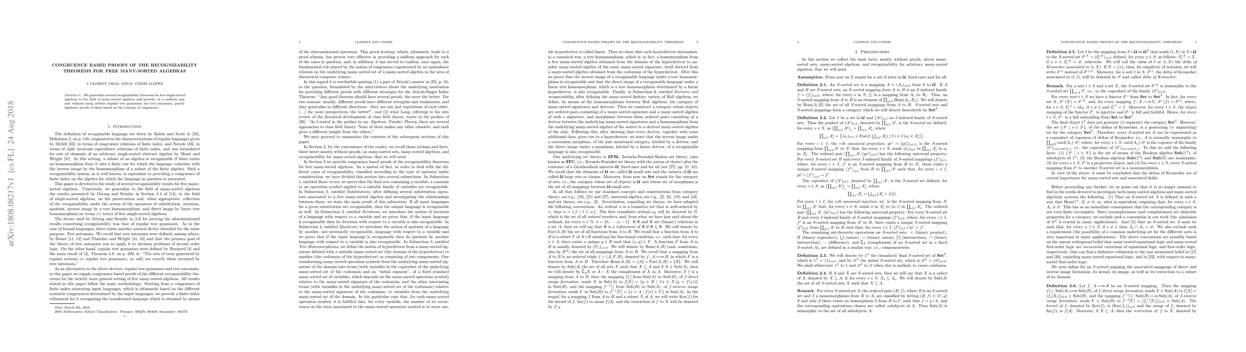 Thumbnail for Congruence based proofs of the recognizability theorems for free
  many-sorted algebras