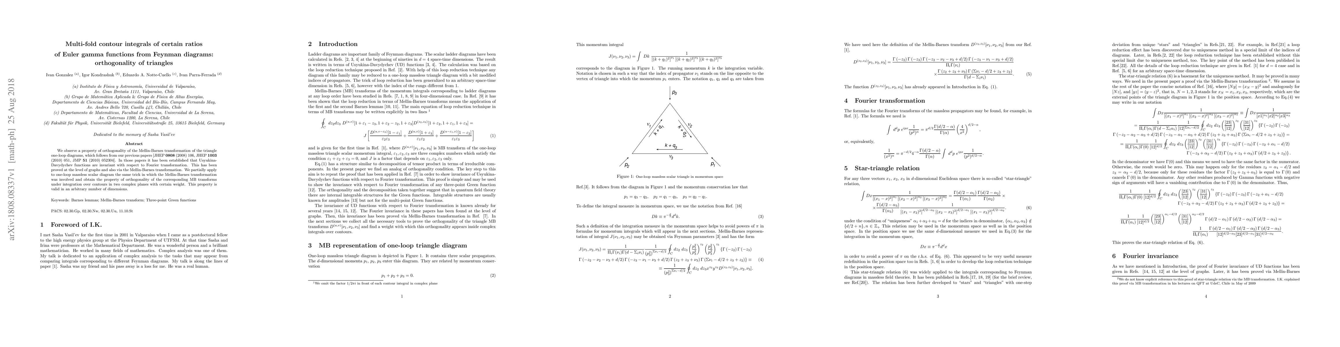 Thumbnail for Multi-fold contour integrals of certain ratios of Euler gamma functions
  from Feynman diagrams: orthogonality of triangles