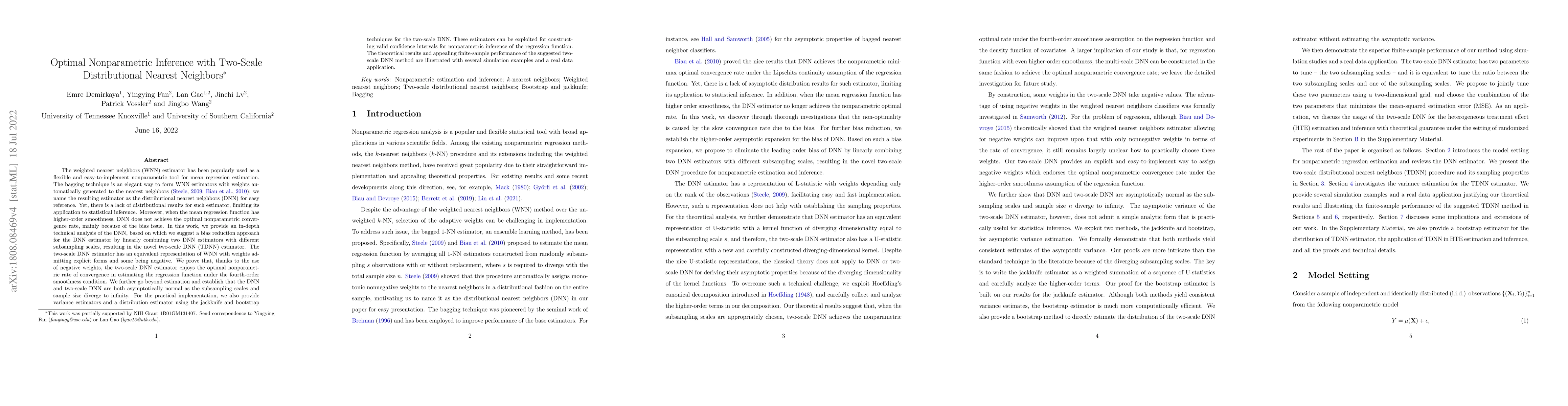Thumbnail for Optimal Nonparametric Inference with Two-Scale Distributional Nearest
  Neighbors