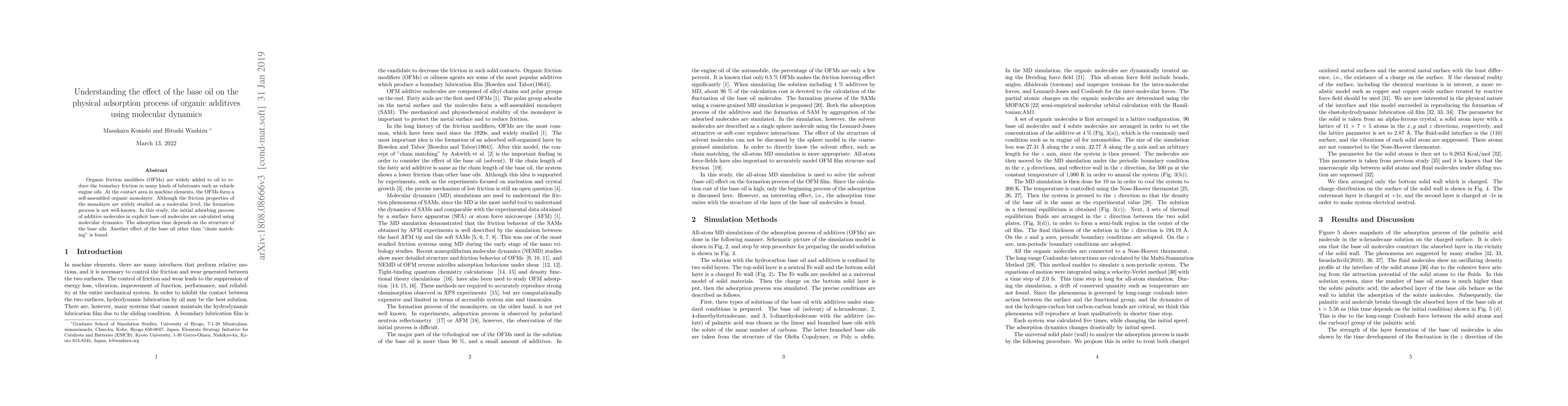 Thumbnail for Understanding the effect of the base oil on the physical adsorption
  process of organic additives using molecular dynamics