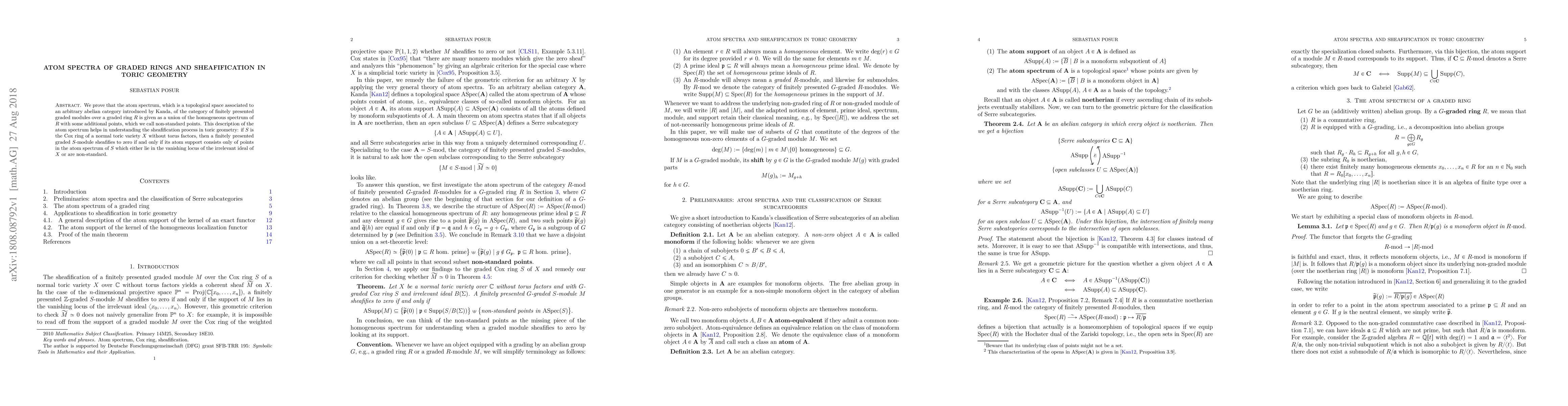 Thumbnail for Atom spectra of graded rings and sheafification in toric geometry