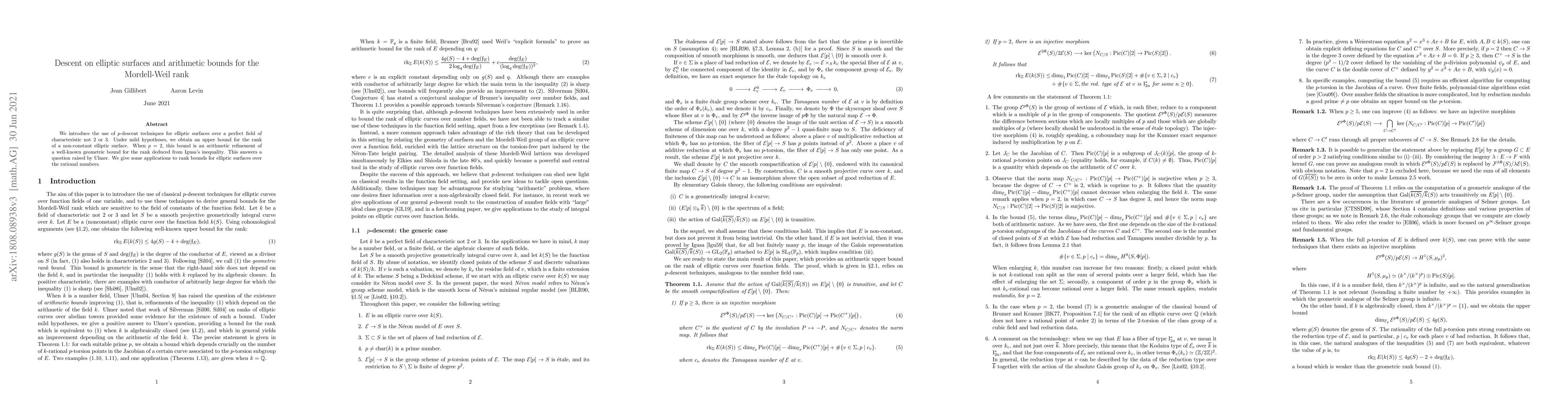 Thumbnail for Descent on elliptic surfaces and arithmetic bounds for the Mordell-Weil
  rank