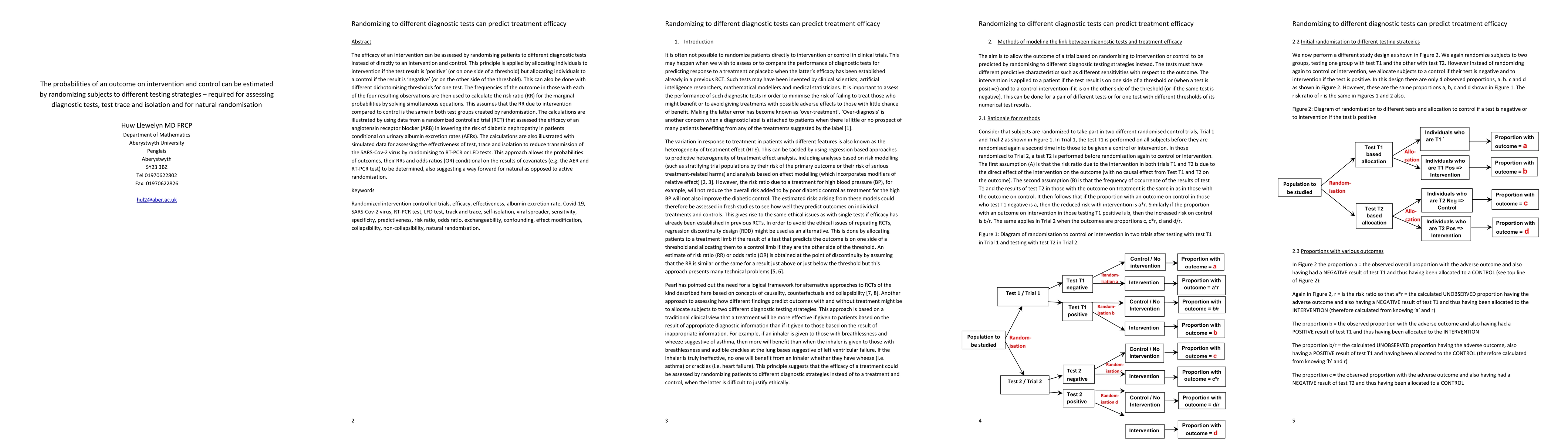 Thumbnail for The probabilities of an outcome on intervention and control can be
  estimated by randomizing subjects to different testing strategies, required
  for assessing diagnostic tests, test trace and isolation and for natural
  randomisation