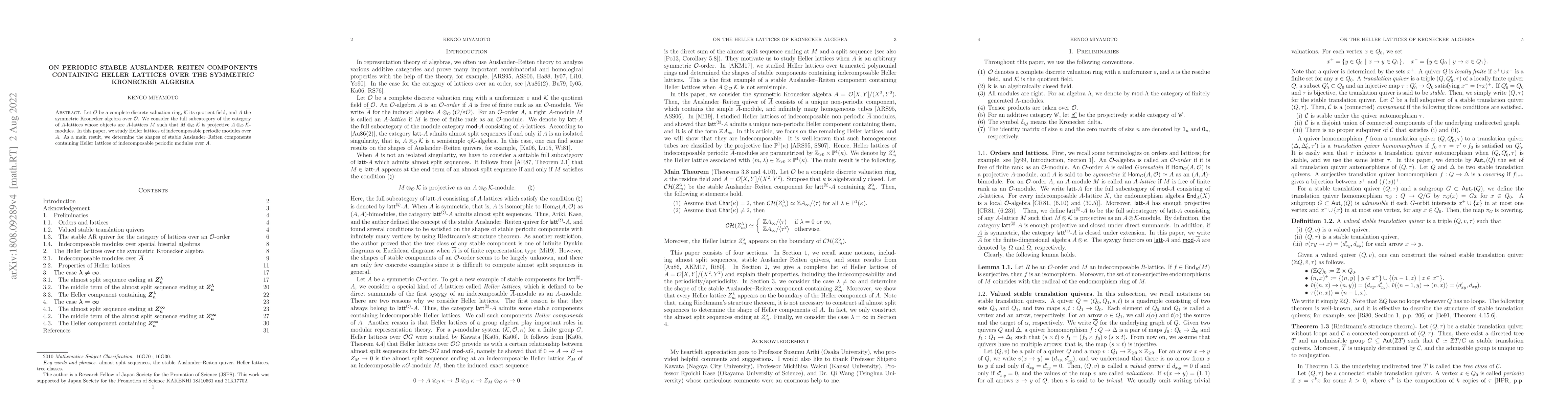 Thumbnail for On periodic stable Auslander-Reiten components containing Heller
  lattices over the symmetric Kronecker algebra