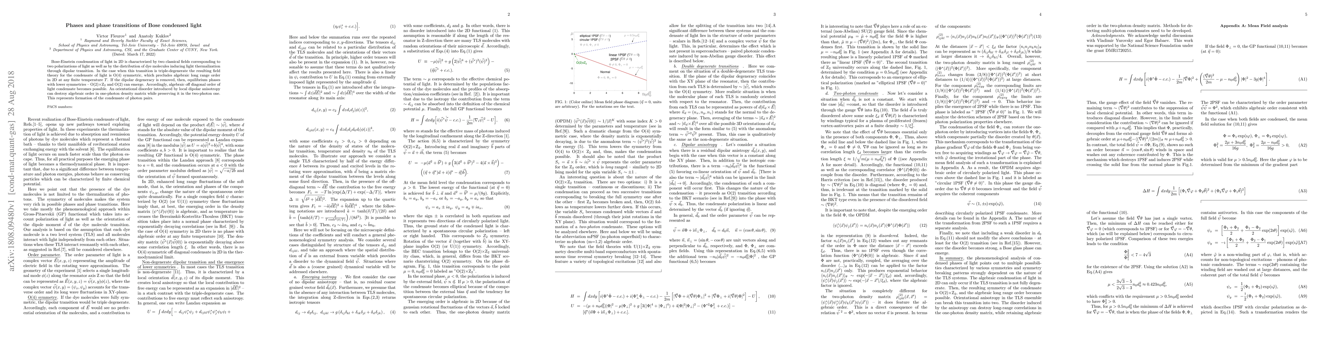 Thumbnail for Phases and phase transitions of Bose condensed light