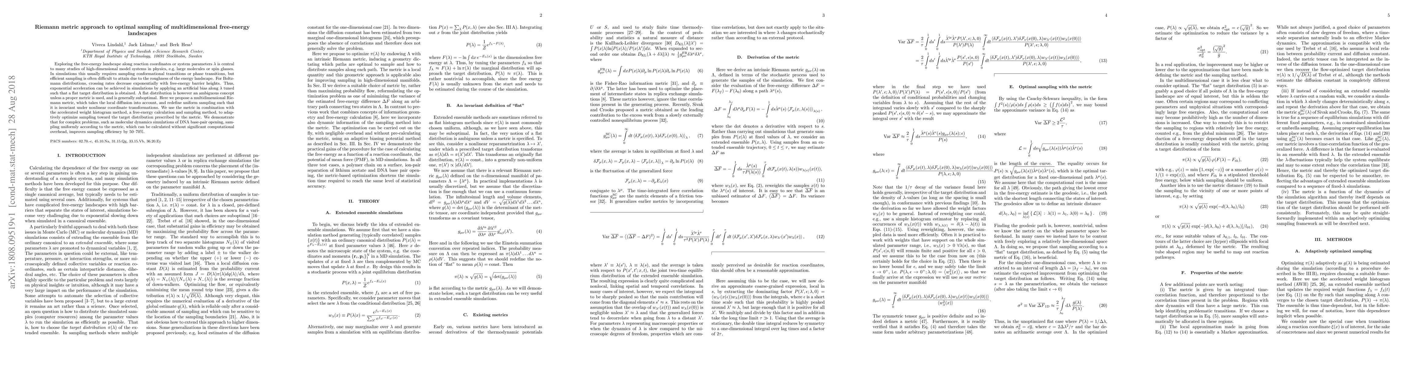 Thumbnail for Riemann metric approach to optimal sampling of multidimensional
  free-energy landscapes