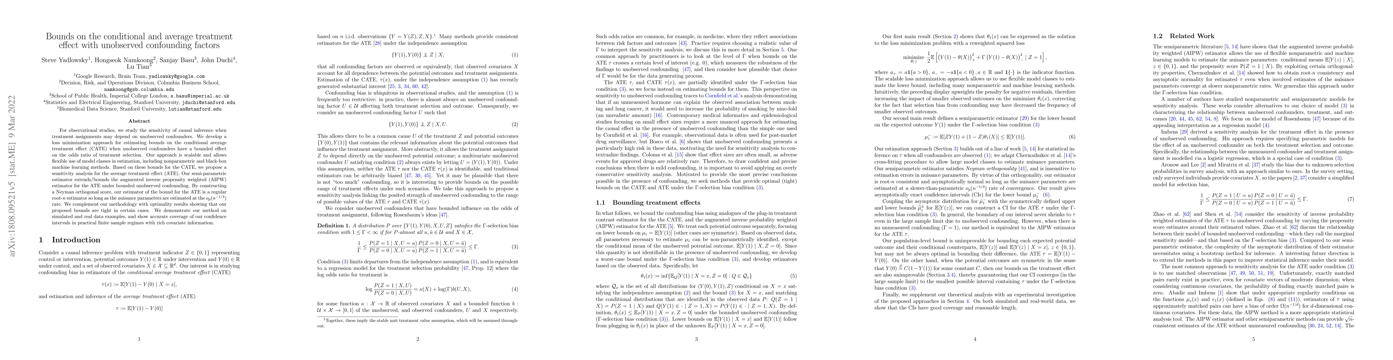 Thumbnail for Bounds on the conditional and average treatment effect with unobserved
  confounding factors