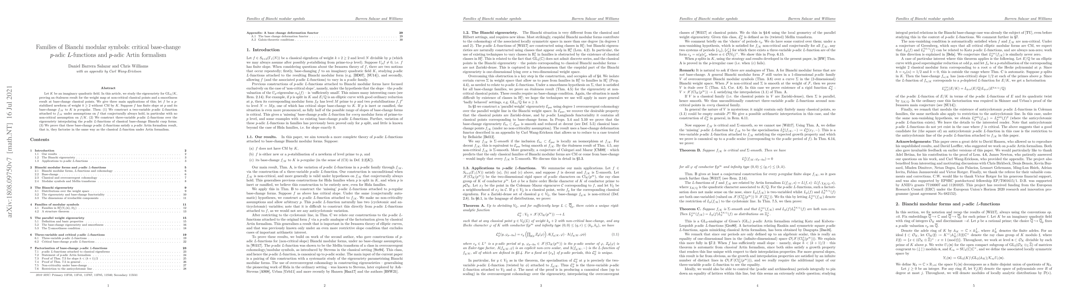 Thumbnail for Families of Bianchi modular symbols: critical base-change p-adic
  L-functions and p-adic Artin formalism