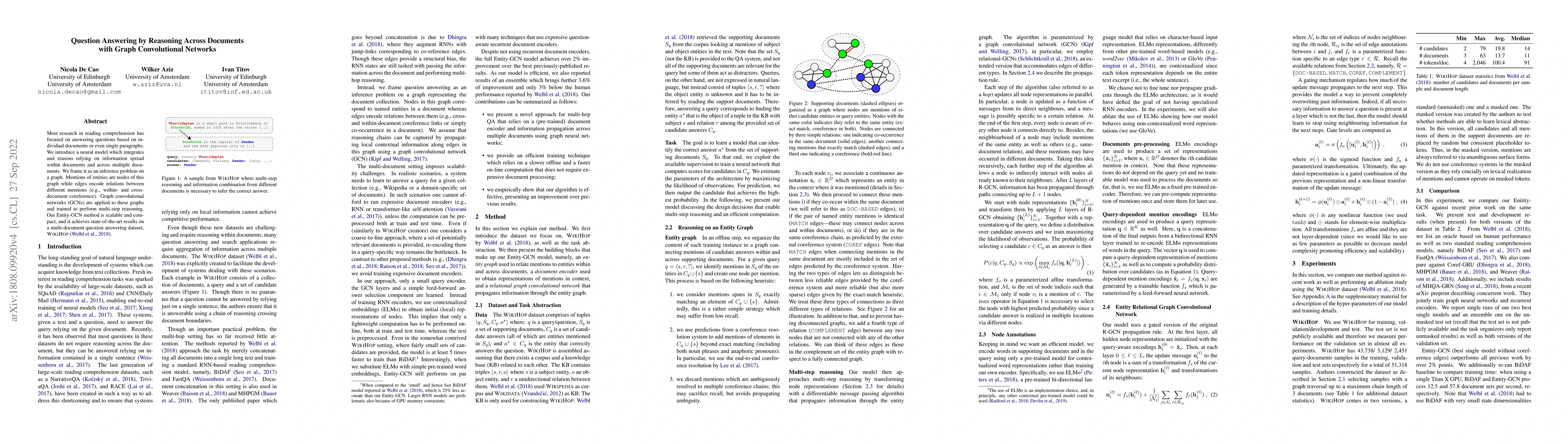 Thumbnail for Question Answering by Reasoning Across Documents with Graph
  Convolutional Networks