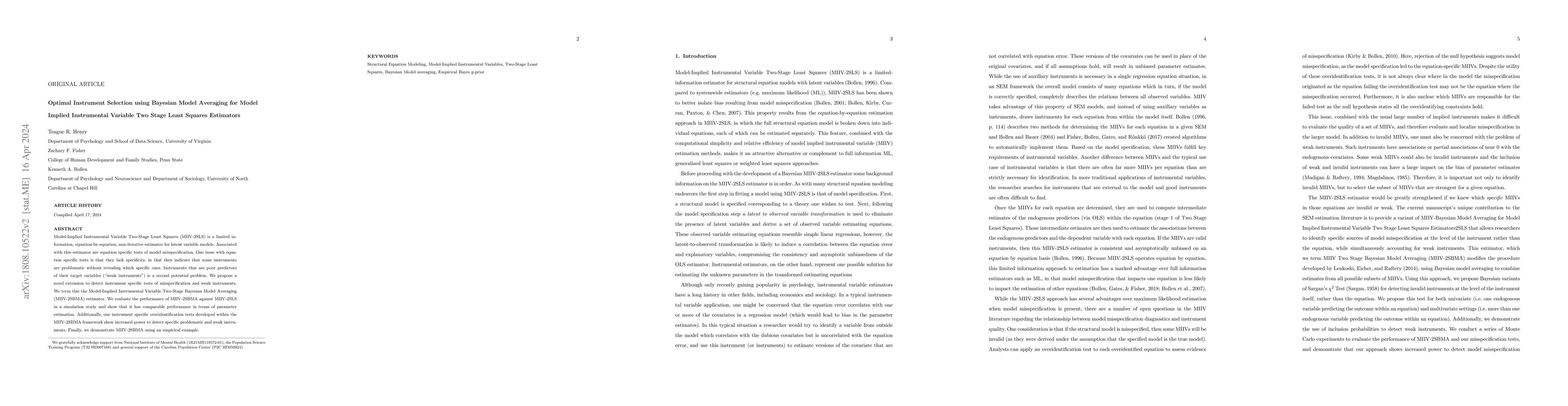 Thumbnail for Optimal Instrument Selection using Bayesian Model Averaging for Model
  Implied Instrumental Variable Two Stage Least Squares Estimators