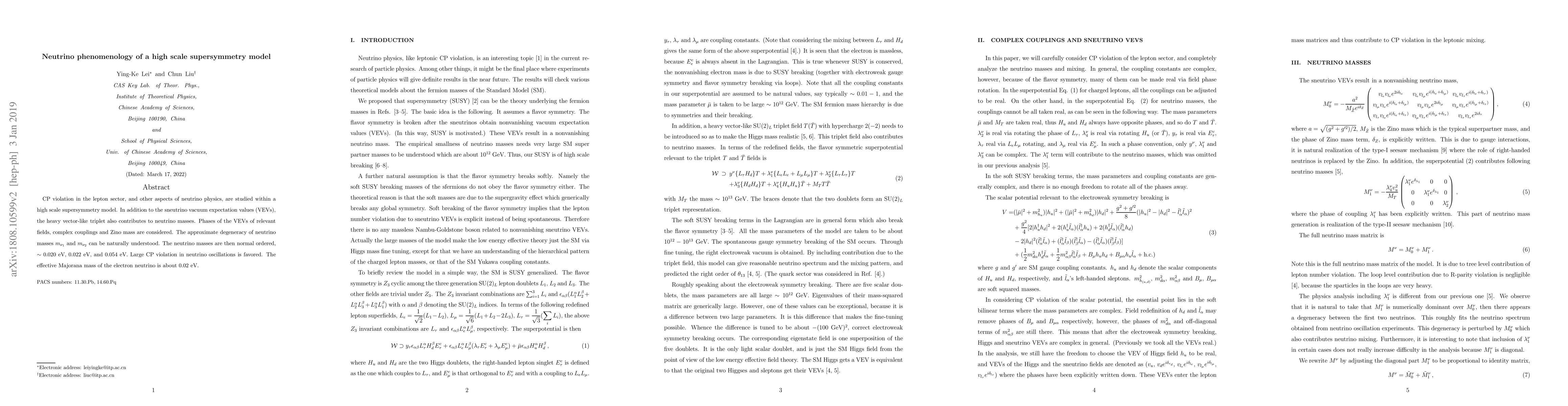 Thumbnail for Neutrino phenomenology of a high scale supersymmetry model