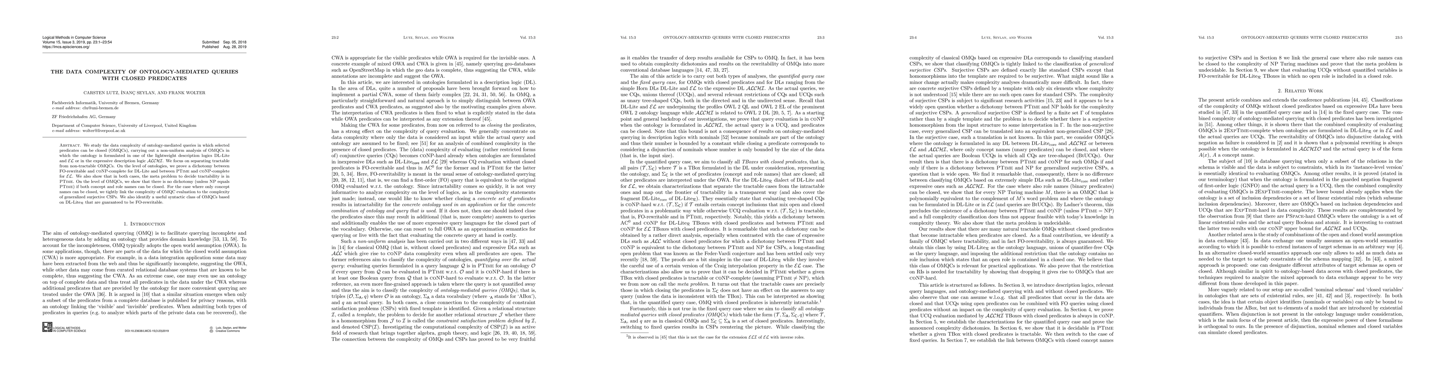 Thumbnail for The Data Complexity of Ontology-Mediated Queries with Closed Predicates