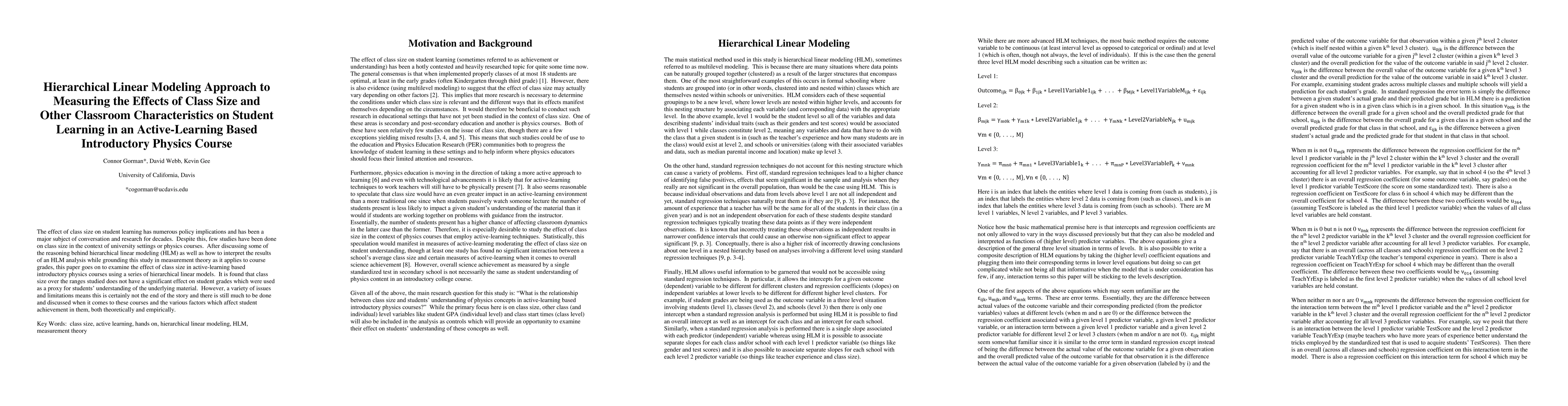 Thumbnail for Hierarchical Linear Modeling Approach to Measuring the Effects of Class
  Size and Other Classroom Characteristics on Student Learning in an
  Active-Learning Based Introductory Physics Course