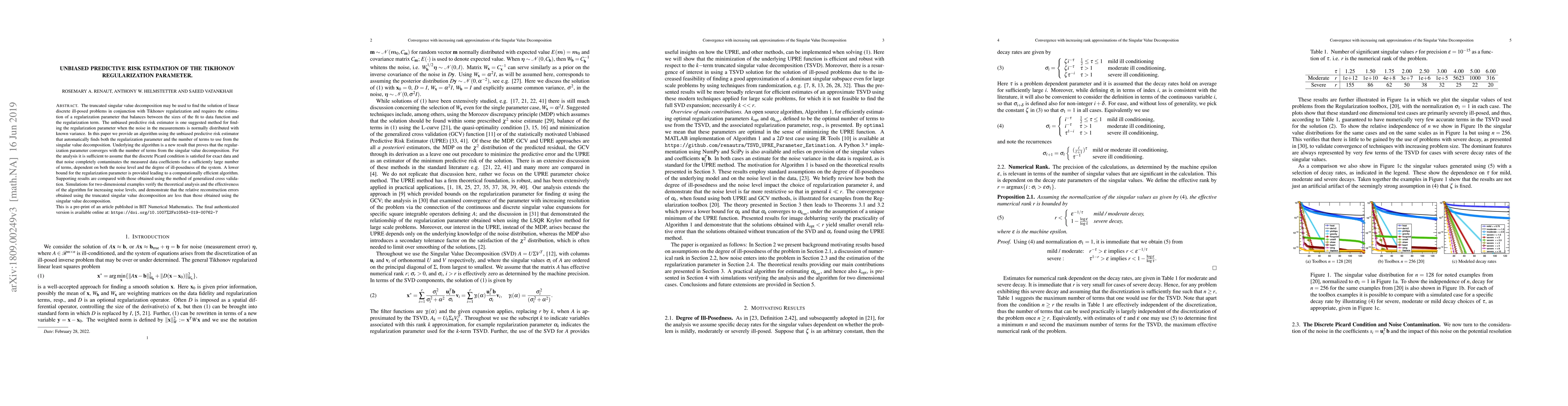 Thumbnail for Convergence of Regularization Parameters for Solutions Using the
  Filtered Truncated Singular Value Decomposition