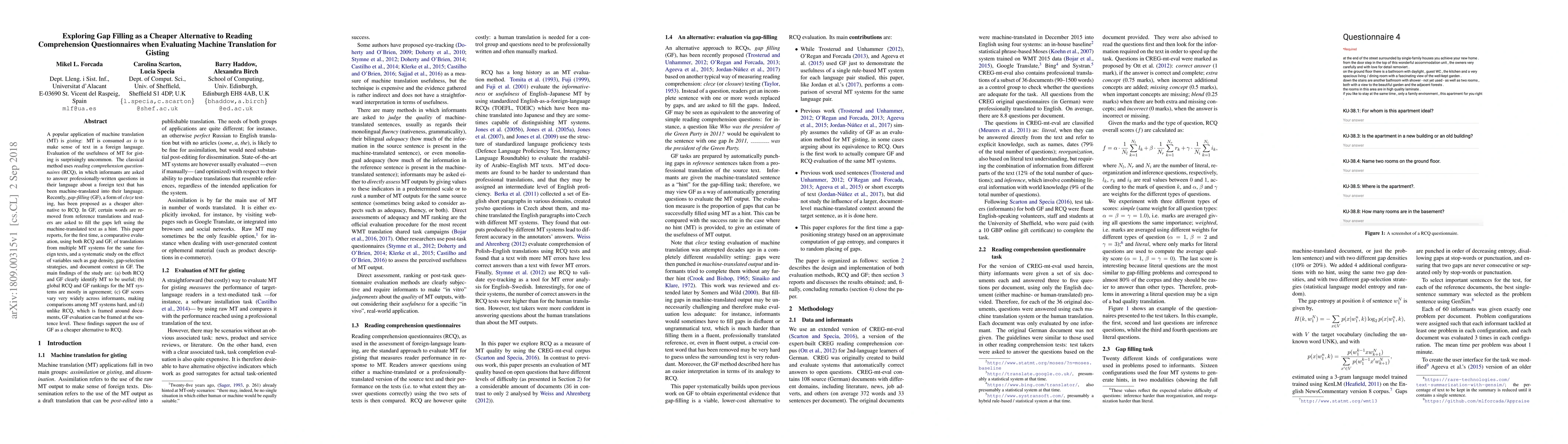 Thumbnail for Exploring Gap Filling as a Cheaper Alternative to Reading Comprehension
  Questionnaires when Evaluating Machine Translation for Gisting